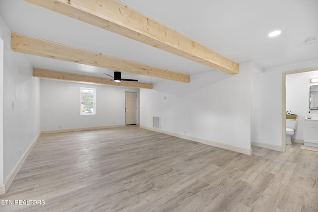 unfurnished room featuring beamed ceiling, ceiling fan, and light hardwood / wood-style floors