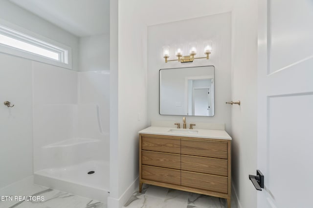 2210 Hickory Crest Ln, Knoxville, TN 37932 - bathroom with marble finish flooring, vanity, a shower, and baseboards