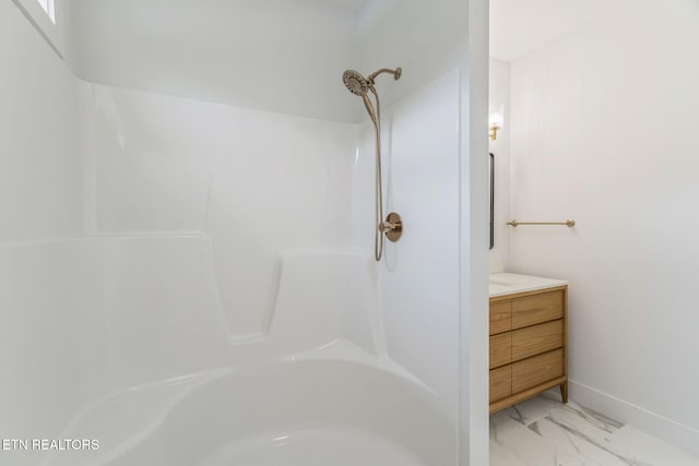 2210 Hickory Crest Ln, Knoxville, TN 37932 - full bath with a shower, marble look tile flooring, vanity, and baseboards