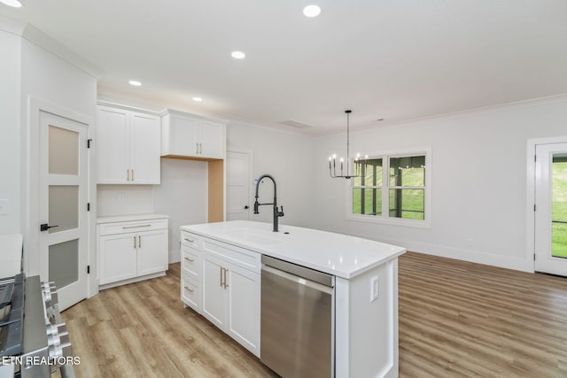2210 Hickory Crest Ln, Knoxville, TN 37932 - kitchen with dishwasher, a sink, light wood-style flooring, a chandelier, and white cabinets