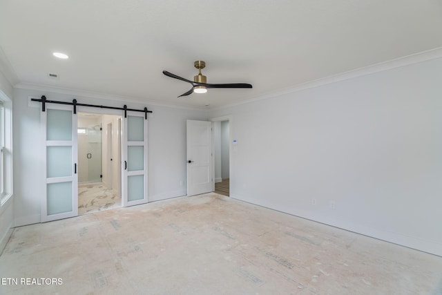 2210 Hickory Crest Ln, Knoxville, TN 37932 - unfurnished bedroom featuring a barn door, crown molding, baseboards, ensuite bathroom, and a ceiling fan