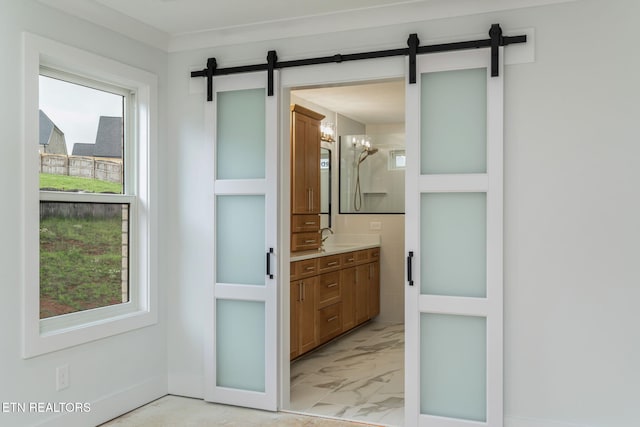 2210 Hickory Crest Ln, Knoxville, TN 37932 - doorway to outside with a barn door and light marble finish flooring