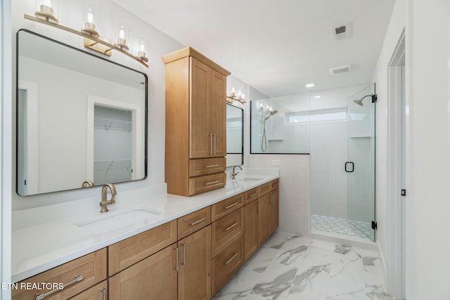 2210 Hickory Crest Ln, Knoxville, TN 37932 - full bathroom featuring a stall shower, double vanity, marble look tiles, a chandelier, and recessed lighting