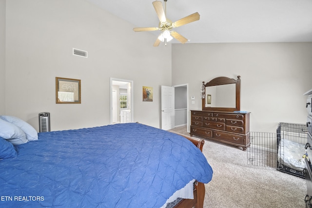 bedroom featuring high vaulted ceiling, carpet flooring, and ceiling fan