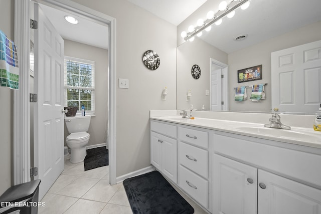 bathroom with tile patterned flooring, vanity, and toilet