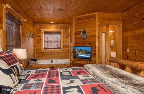 bedroom with wood ceiling and wooden walls