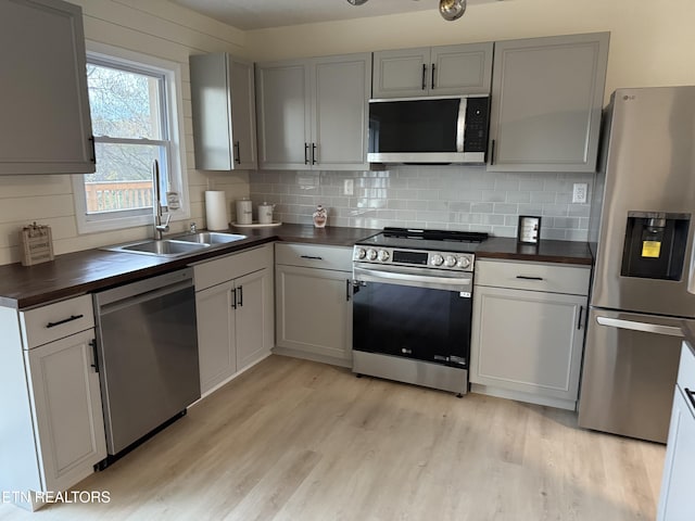 1184 Davis Chapel Rd, Lafollette, TN 37766 - kitchen featuring stainless steel appliances, a sink, light wood finished floors, and tasteful backsplash