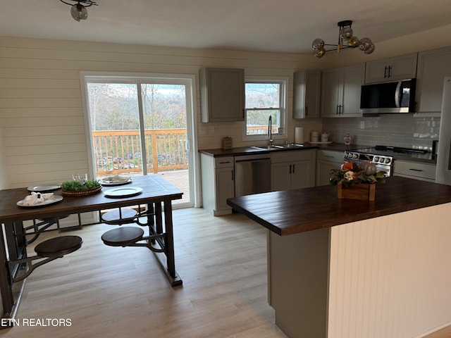 kitchen with light hardwood / wood-style floors, sink, butcher block countertops, backsplash, and appliances with stainless steel finishes