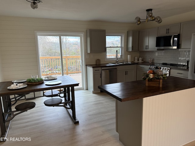 1184 Davis Chapel Rd, Lafollette, TN 37766 - kitchen with appliances with stainless steel finishes, a sink, wooden counters, backsplash, and a chandelier