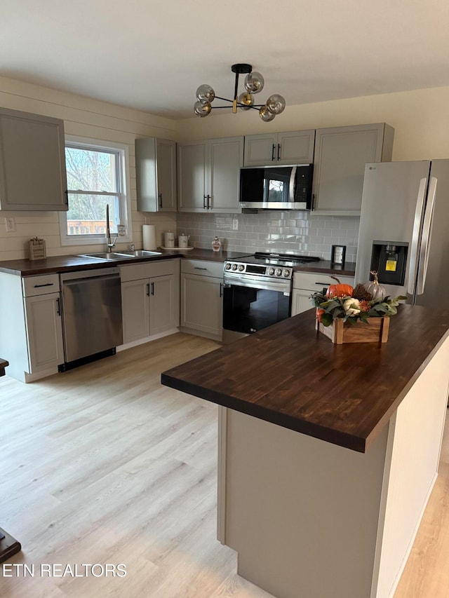 kitchen featuring stainless steel appliances, sink, gray cabinetry, wood counters, and light wood-type flooring