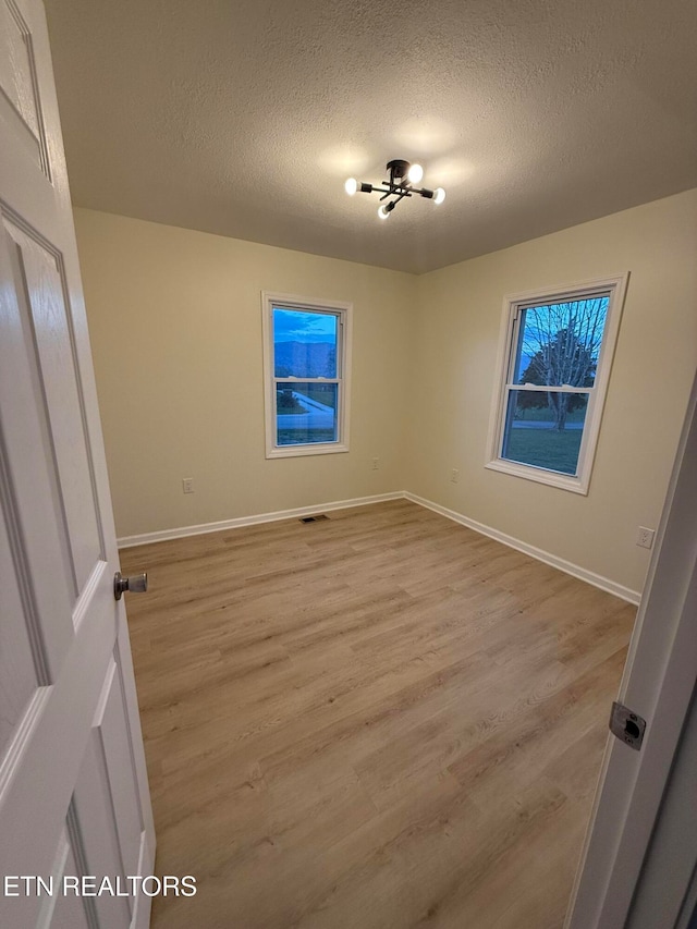 unfurnished bedroom featuring light wood-type flooring and a textured ceiling