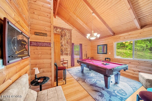 recreation room with wooden ceiling, billiards, wooden walls, hardwood / wood-style flooring, and beam ceiling