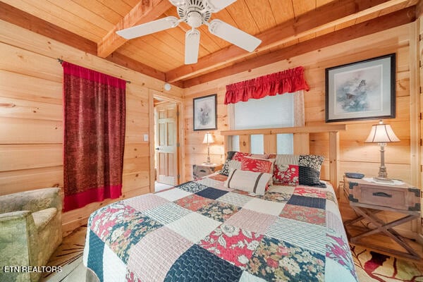 bedroom with beam ceiling, ceiling fan, wooden walls, and wood ceiling