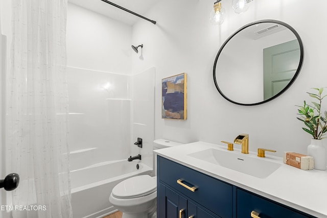 full bathroom featuring vanity, toilet, and shower / bathtub combination with curtain