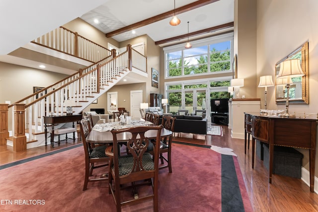 1144 Andalusian Way, Knoxville, TN 37922 - dining area with a towering ceiling, stairway, wood finished floors, beam ceiling, and recessed lighting