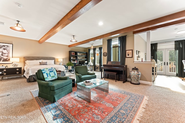 carpeted bedroom featuring french doors, beam ceiling, and access to outside