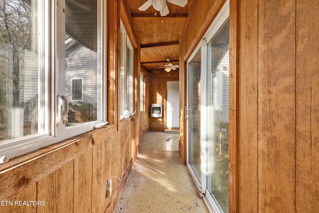 hall with heating unit, wooden walls, and wood ceiling