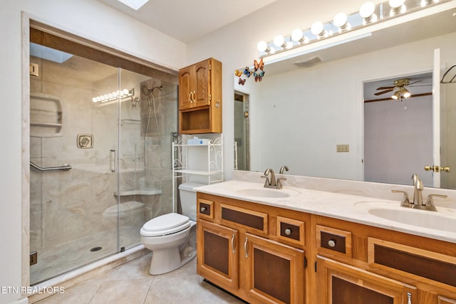 bathroom with a skylight, ceiling fan, toilet, a shower with door, and vanity