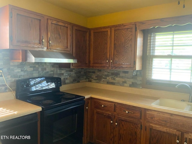 kitchen with black / electric stove, sink, and backsplash