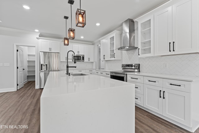 kitchen featuring stainless steel appliances, sink, a kitchen island with sink, dark hardwood / wood-style floors, and wall chimney range hood