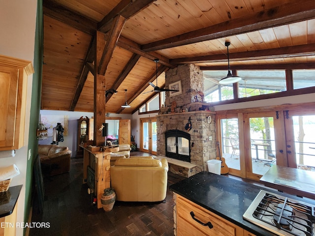 kitchen with french doors, dark hardwood / wood-style floors, beam ceiling, hanging light fixtures, and wooden ceiling