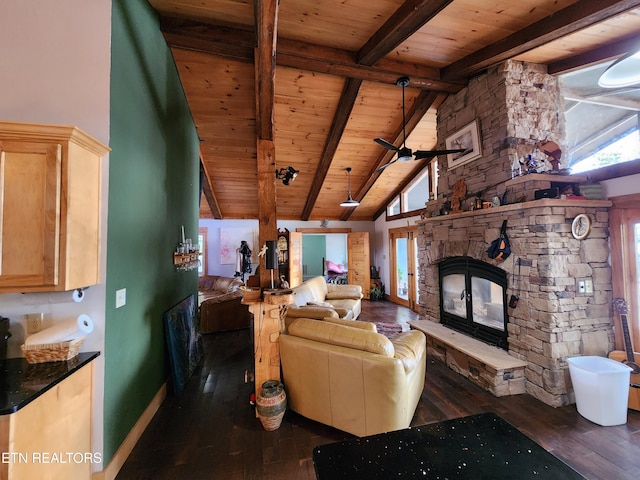 living room with lofted ceiling with beams, dark wood-type flooring, wood ceiling, and a fireplace