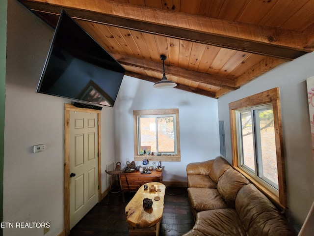 living room with vaulted ceiling with beams, dark hardwood / wood-style floors, and wood ceiling