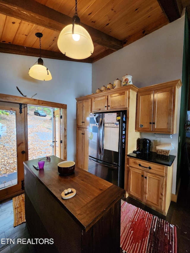 kitchen featuring wood ceiling, refrigerator, beamed ceiling, dark hardwood / wood-style floors, and decorative light fixtures