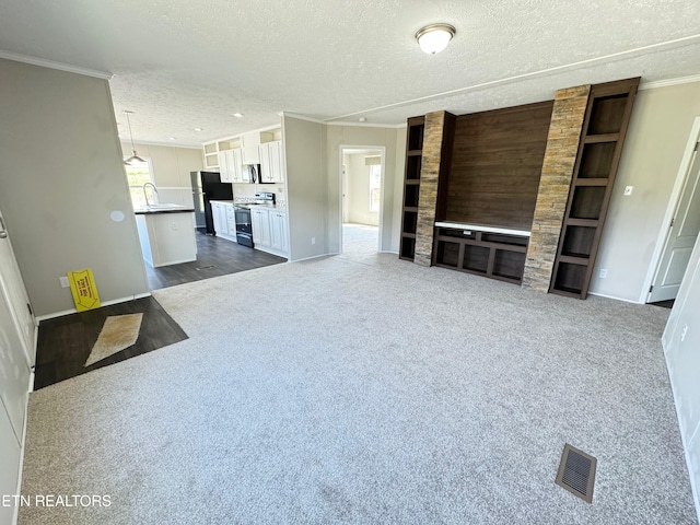 unfurnished living room featuring dark hardwood / wood-style flooring, sink, a textured ceiling, and crown molding