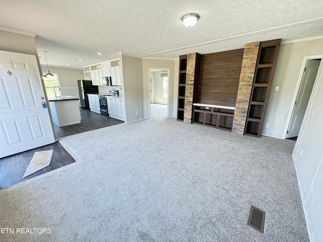 unfurnished living room with a textured ceiling, dark hardwood / wood-style floors, and sink