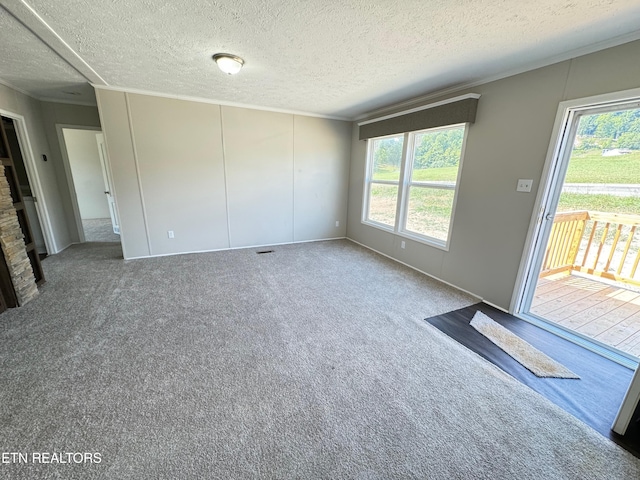 interior space featuring a textured ceiling, carpet floors, and plenty of natural light