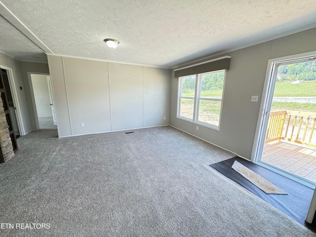 interior space with a wealth of natural light, a textured ceiling, and ornamental molding