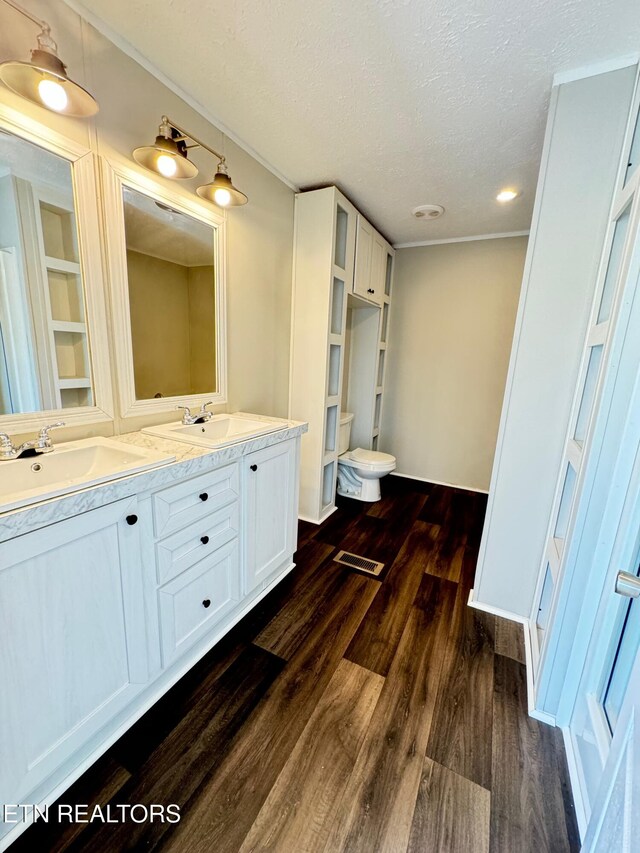 bathroom with wood-type flooring, a textured ceiling, toilet, and vanity