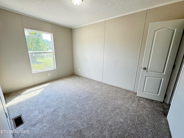 carpeted empty room with a textured ceiling