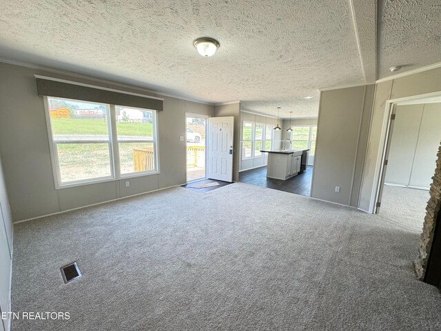 unfurnished living room with ornamental molding, sink, a textured ceiling, and dark carpet