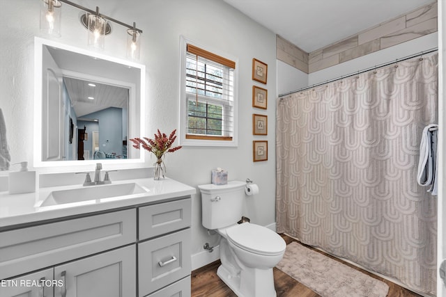 bathroom with hardwood / wood-style floors, vanity, toilet, and walk in shower