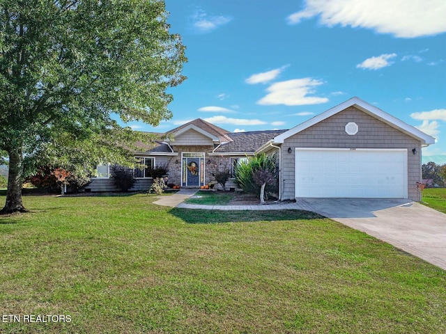 ranch-style house with a front lawn and a garage