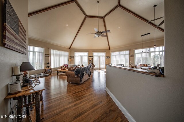 living room with high vaulted ceiling, hardwood / wood-style floors, and ceiling fan