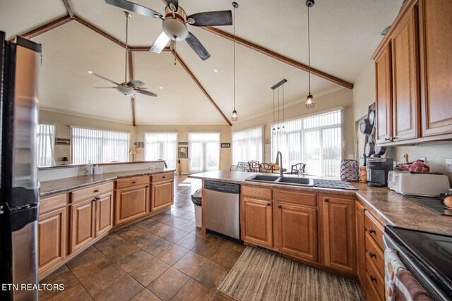 kitchen featuring a healthy amount of sunlight, sink, decorative light fixtures, and appliances with stainless steel finishes