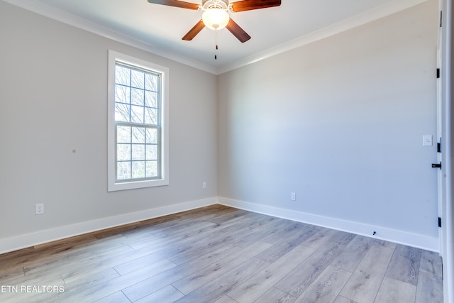 unfurnished room featuring ceiling fan, light wood-type flooring, and crown molding