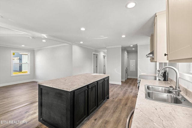 kitchen featuring light hardwood / wood-style floors, a center island, sink, crown molding, and ventilation hood