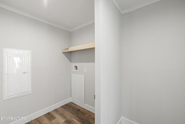 laundry room with dark hardwood / wood-style flooring, washer hookup, and crown molding