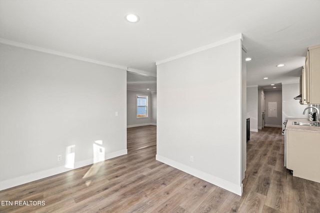 unfurnished room with wood-type flooring, sink, and crown molding