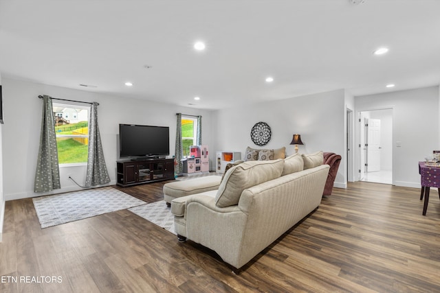 living room with a healthy amount of sunlight and dark hardwood / wood-style floors