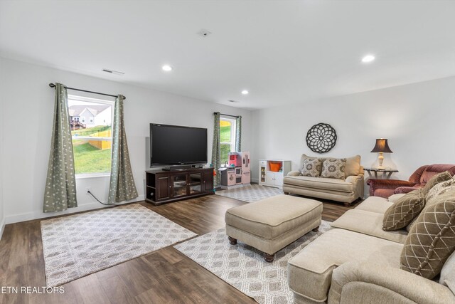 living room featuring dark wood-type flooring and plenty of natural light