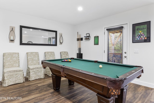 recreation room with dark hardwood / wood-style floors and billiards