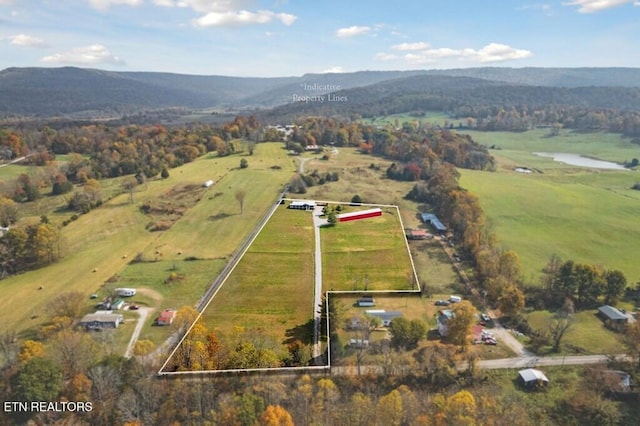 bird's eye view featuring a water and mountain view and a rural view