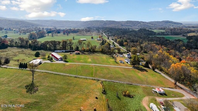 bird's eye view featuring a rural view and a mountain view