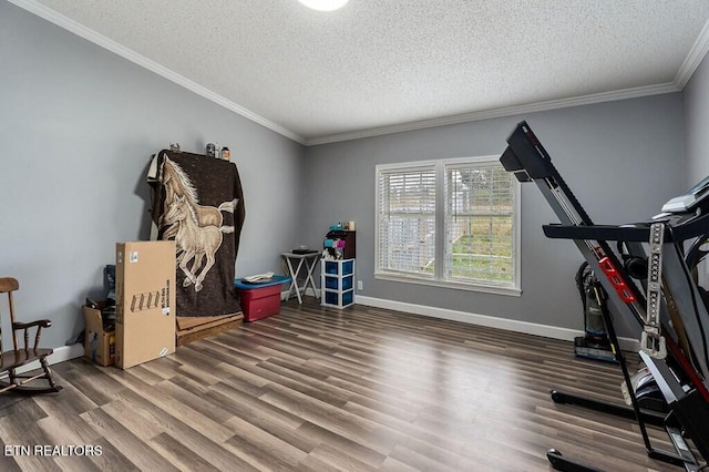 exercise room featuring wood-type flooring, a textured ceiling, and crown molding