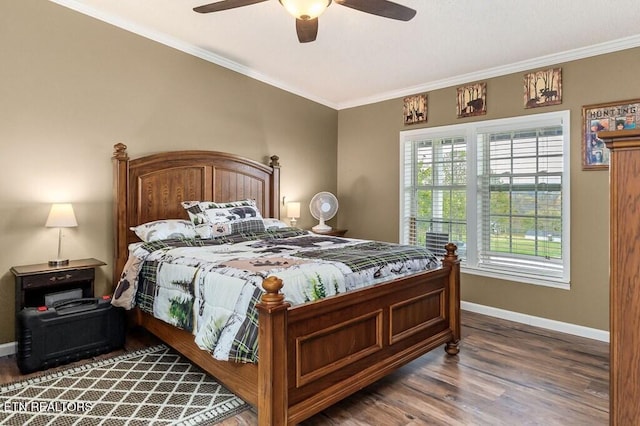 bedroom featuring wood-type flooring, ceiling fan, and crown molding